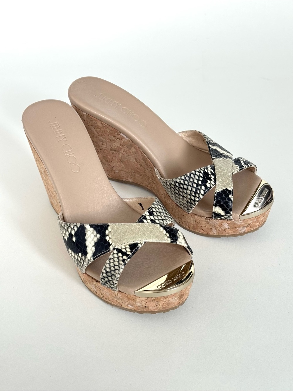 Jimmy Choo Black & Cream Snake-Print Pandora Cork Wedge Mules - Size 35